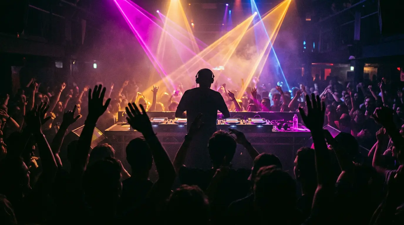 DJ Katsimbas performing behind the decks to a packed crowd under laser lights